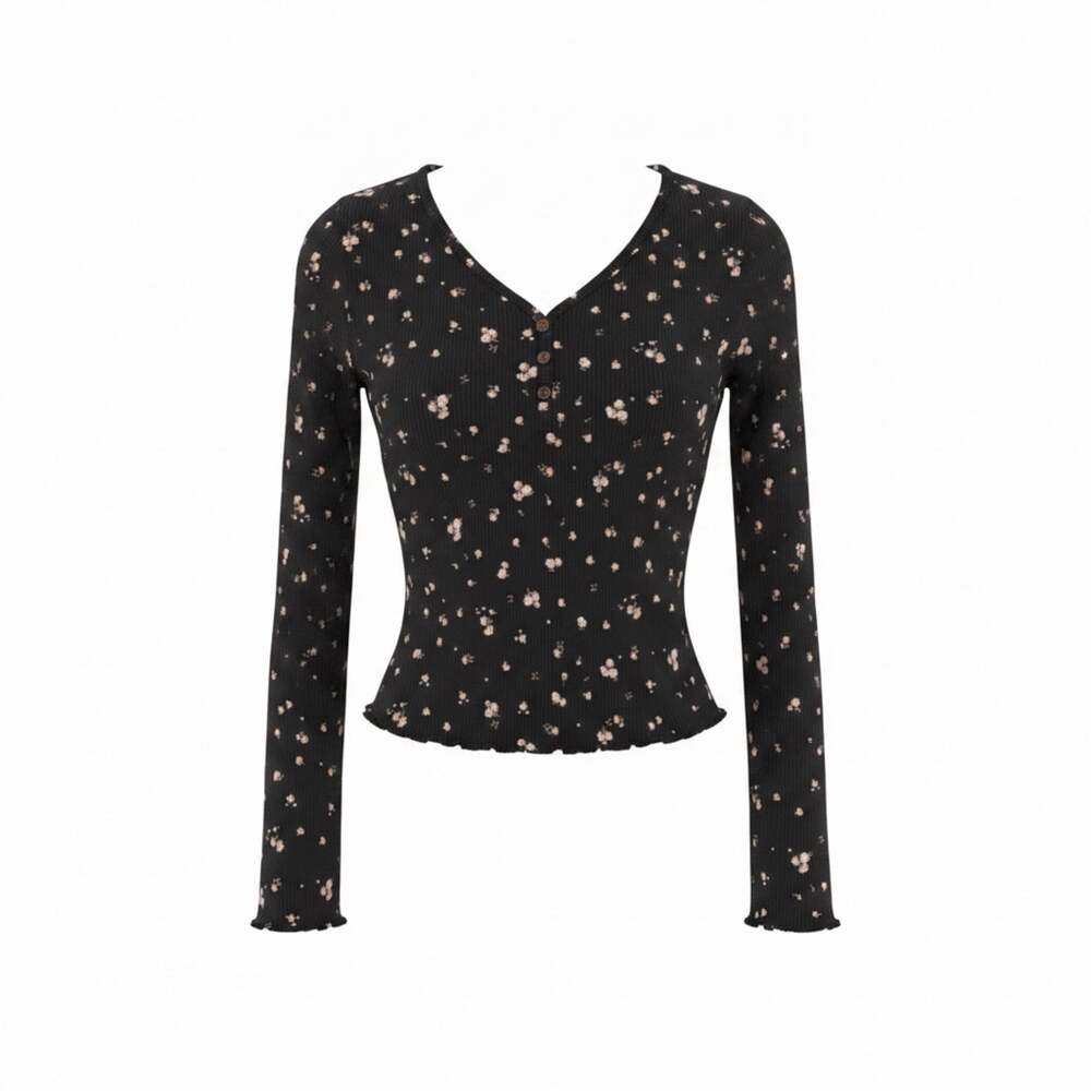 Rib-Knit Lettuce-Edge Henley T-Shirt for Girls